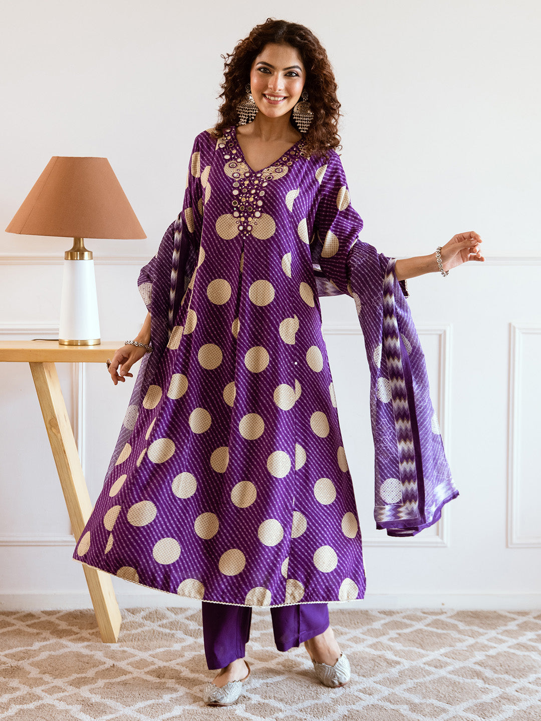 Soft Purple Rayon Mirror Work A-Line Kurta Set With Polka Printed Dupatta