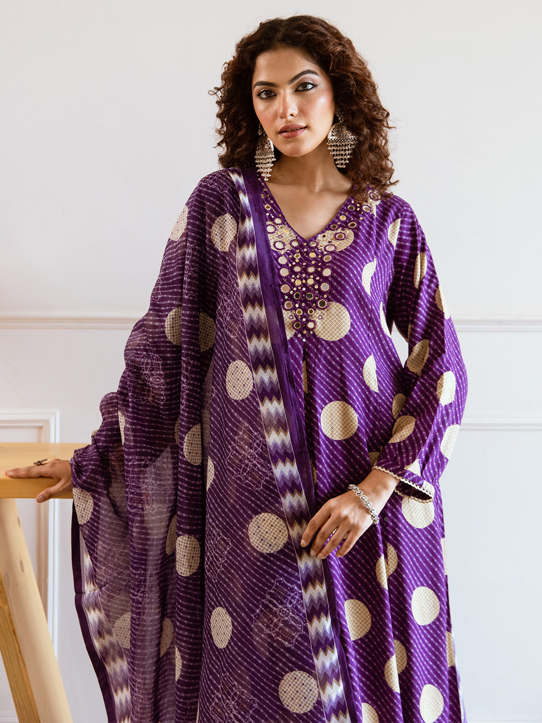 Soft Purple Rayon Mirror Work A-Line Kurta Set With Polka Printed Dupatta