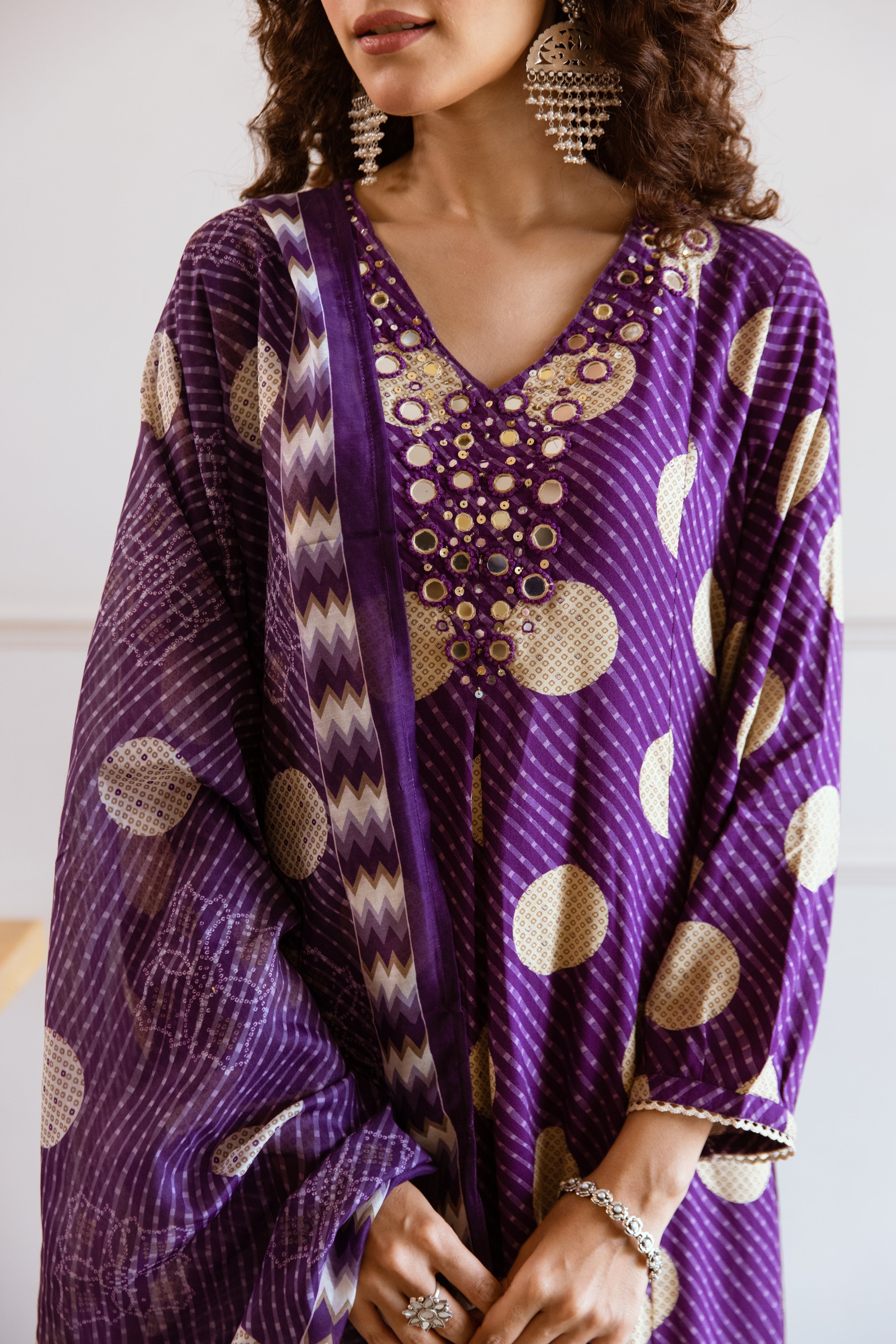 Soft Purple Rayon Mirror Work A-Line Kurta Set With Polka Printed Dupatta