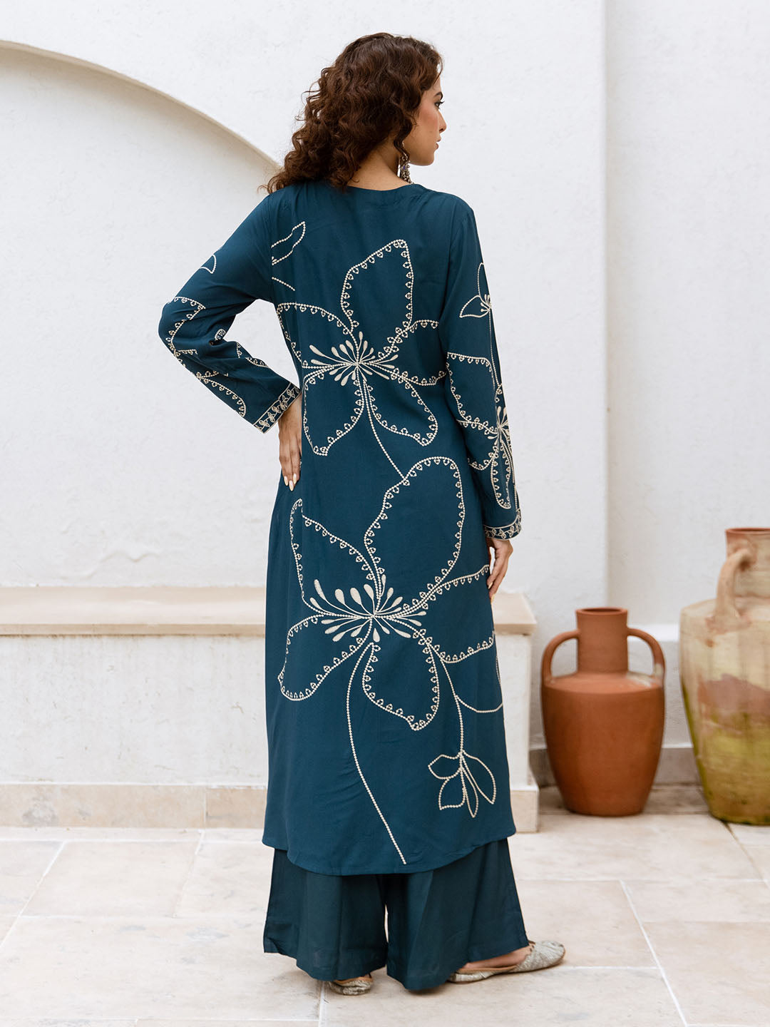 Comfy Teal Rayon Bold Printed A-Line Kurta Set With Palazzo Bottom