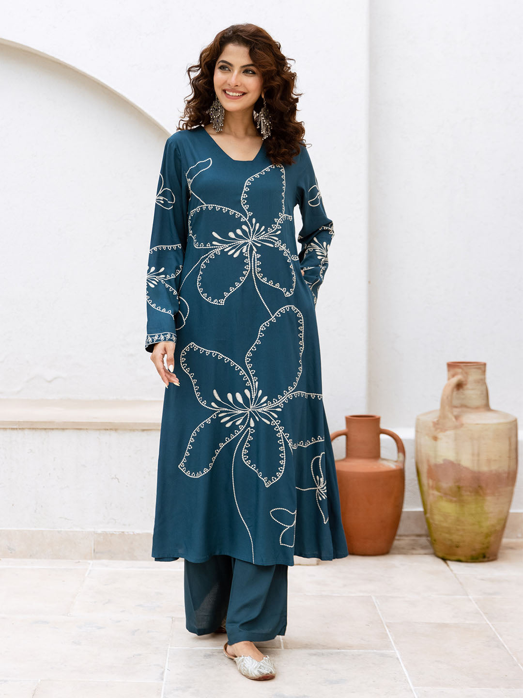 Comfy Teal Rayon Bold Printed A-Line Kurta Set With Palazzo Bottom