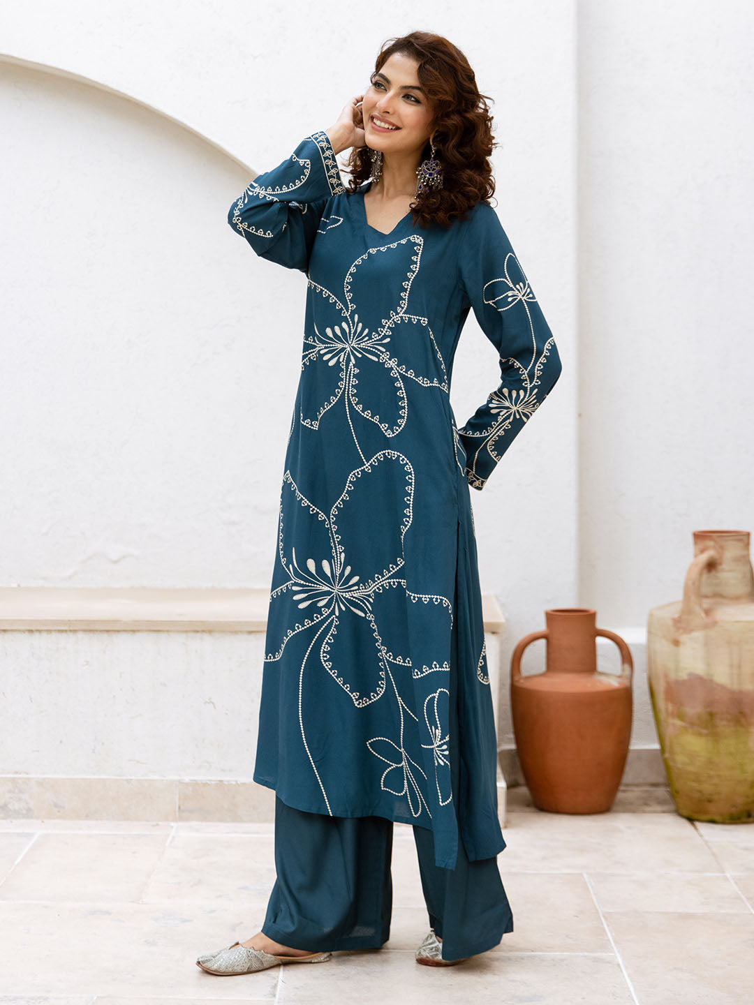 Comfy Teal Rayon Bold Printed A-Line Kurta Set With Palazzo Bottom