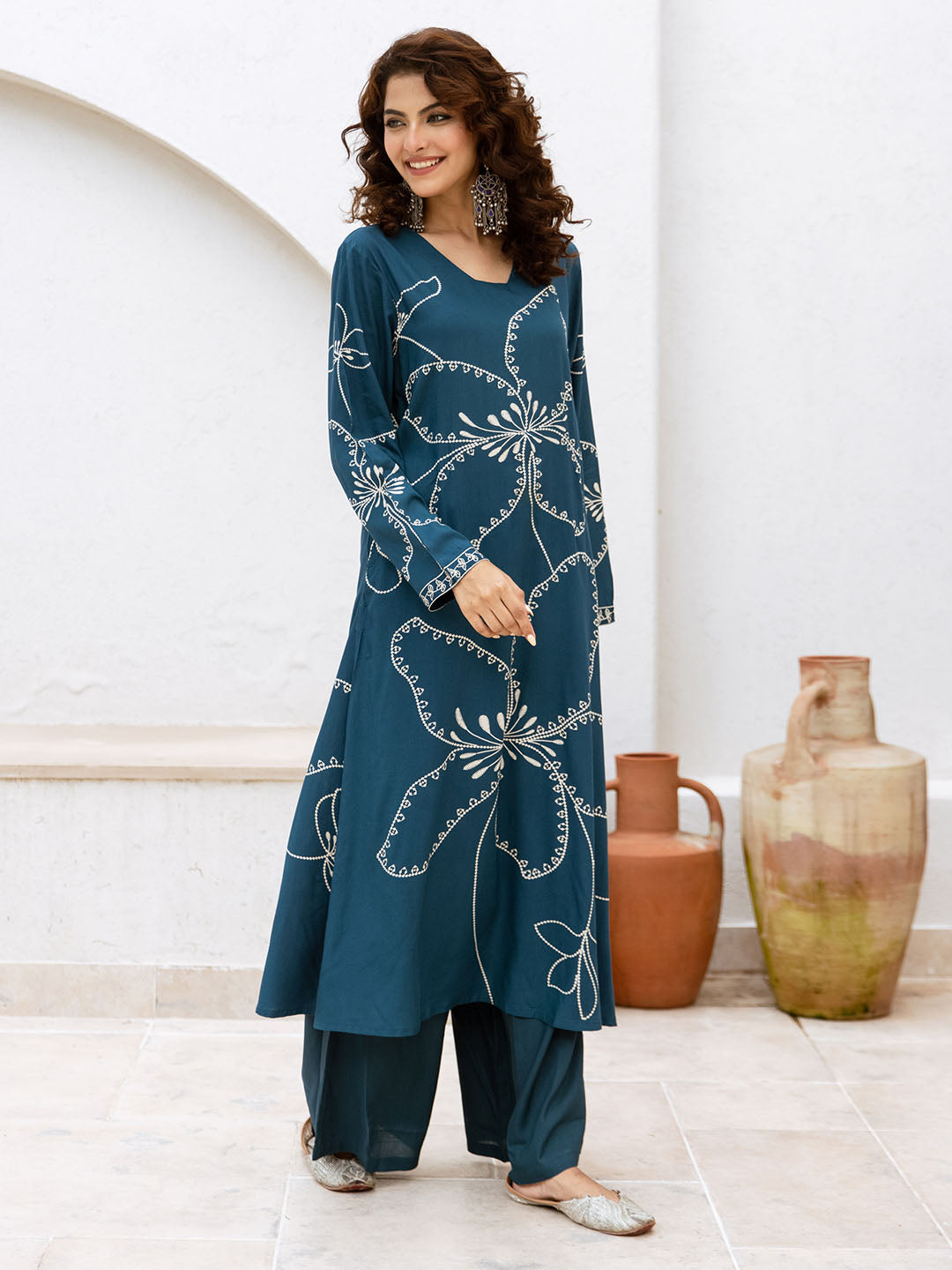 Comfy Teal Rayon Bold Printed A-Line Kurta Set With Palazzo Bottom