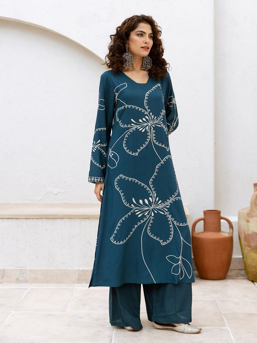 Comfy Teal Rayon Bold Printed A-Line Kurta Set With Palazzo Bottom