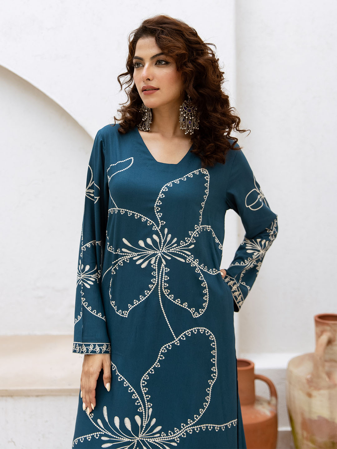 Comfy Teal Rayon Bold Printed A-Line Kurta Set With Palazzo Bottom