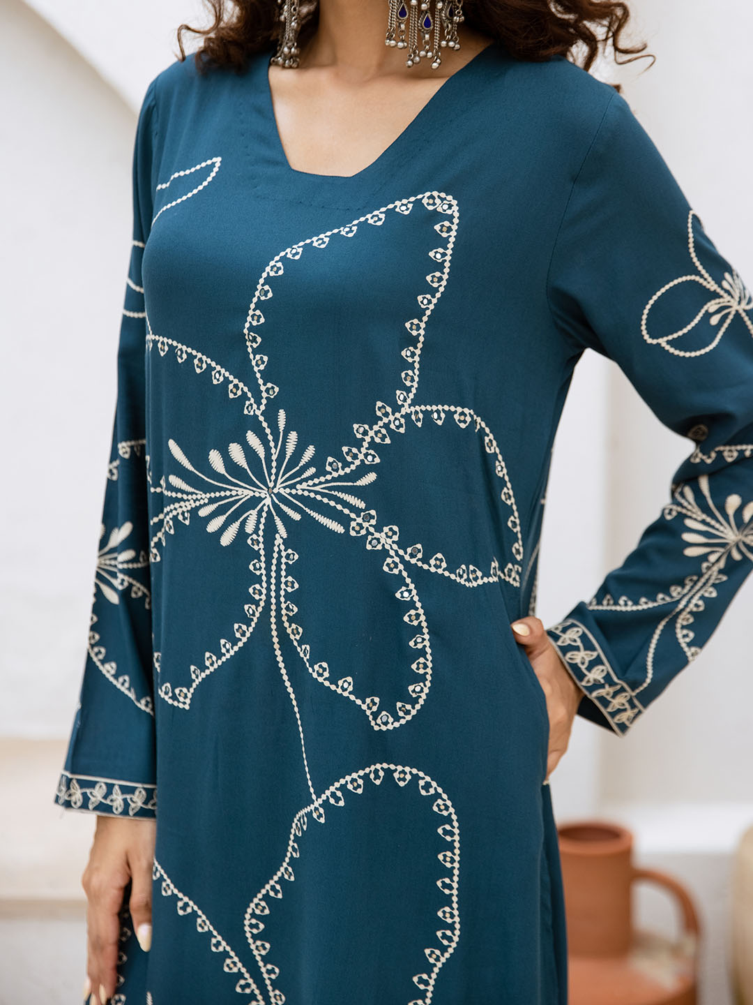 Comfy Teal Rayon Bold Printed A-Line Kurta Set With Palazzo Bottom