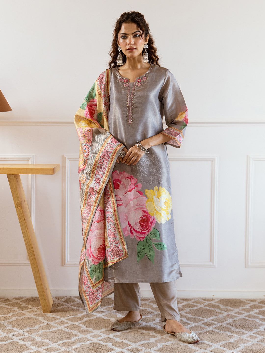 Soft Grey Tissue A-Line Kurta Set With Bold Printed Dupatta