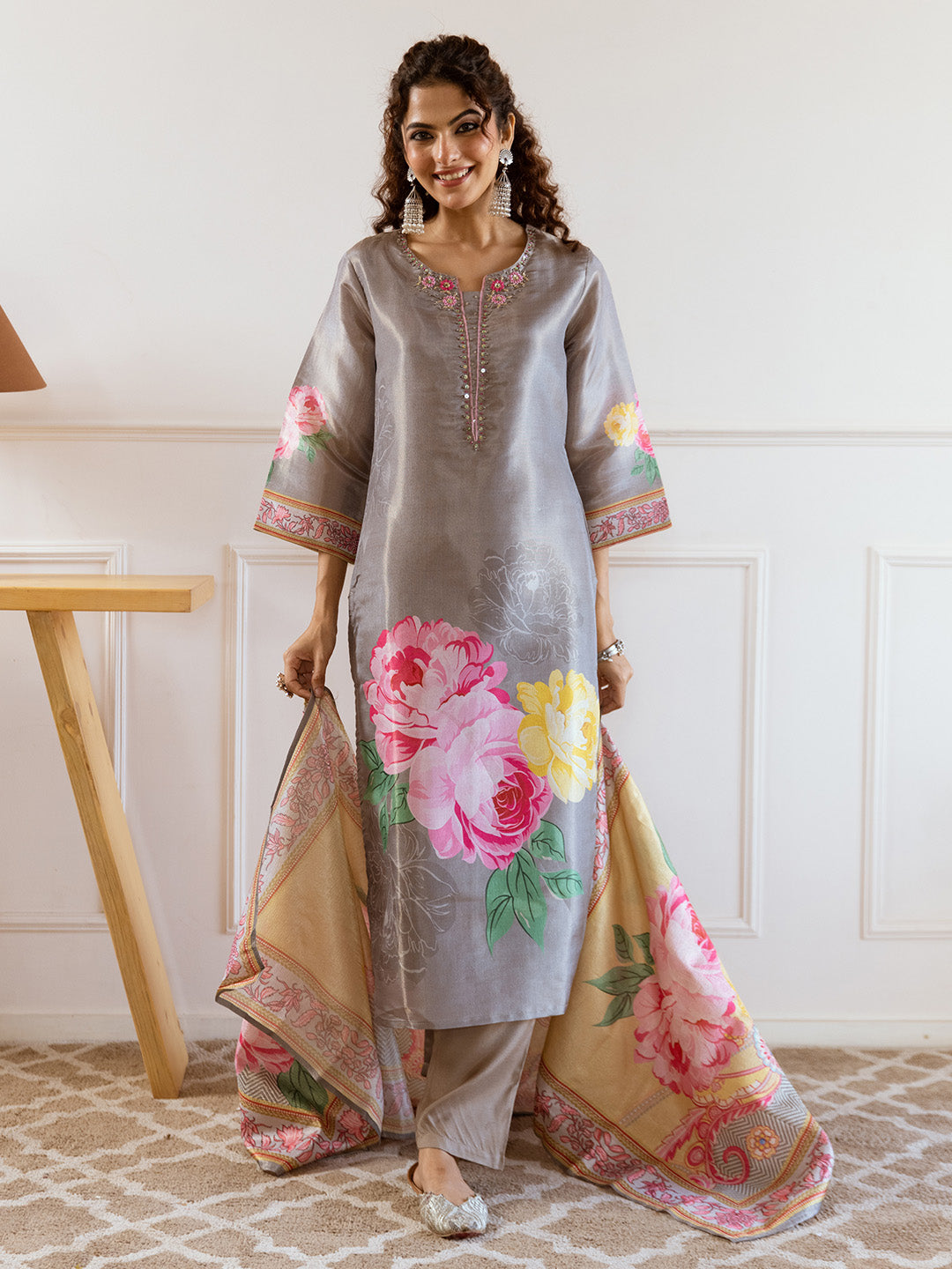 Soft Grey Tissue A-Line Kurta Set With Bold Printed Dupatta