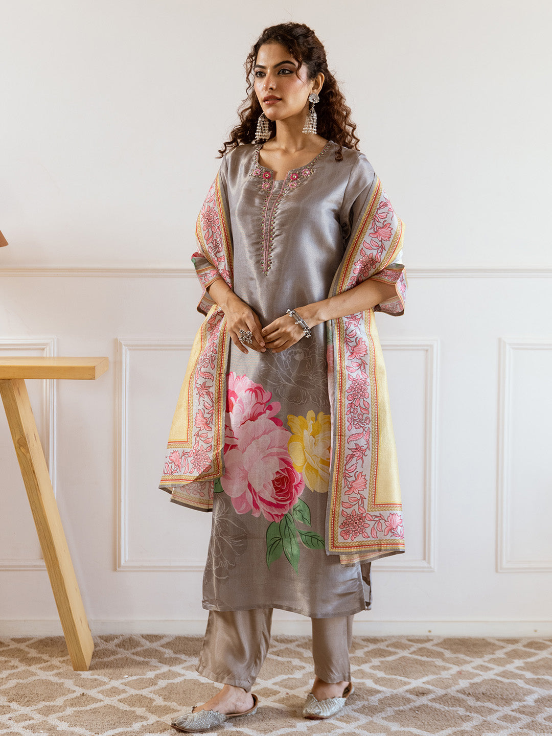 Soft Grey Tissue A-Line Kurta Set With Bold Printed Dupatta