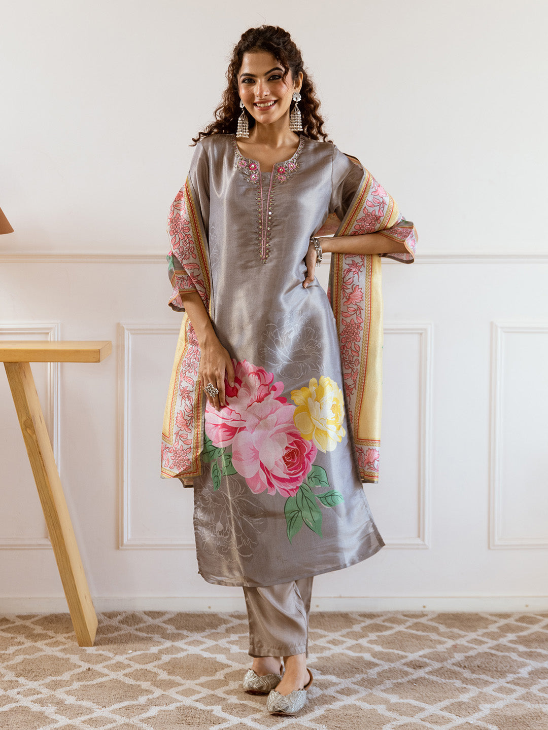 Soft Grey Tissue A-Line Kurta Set With Bold Printed Dupatta