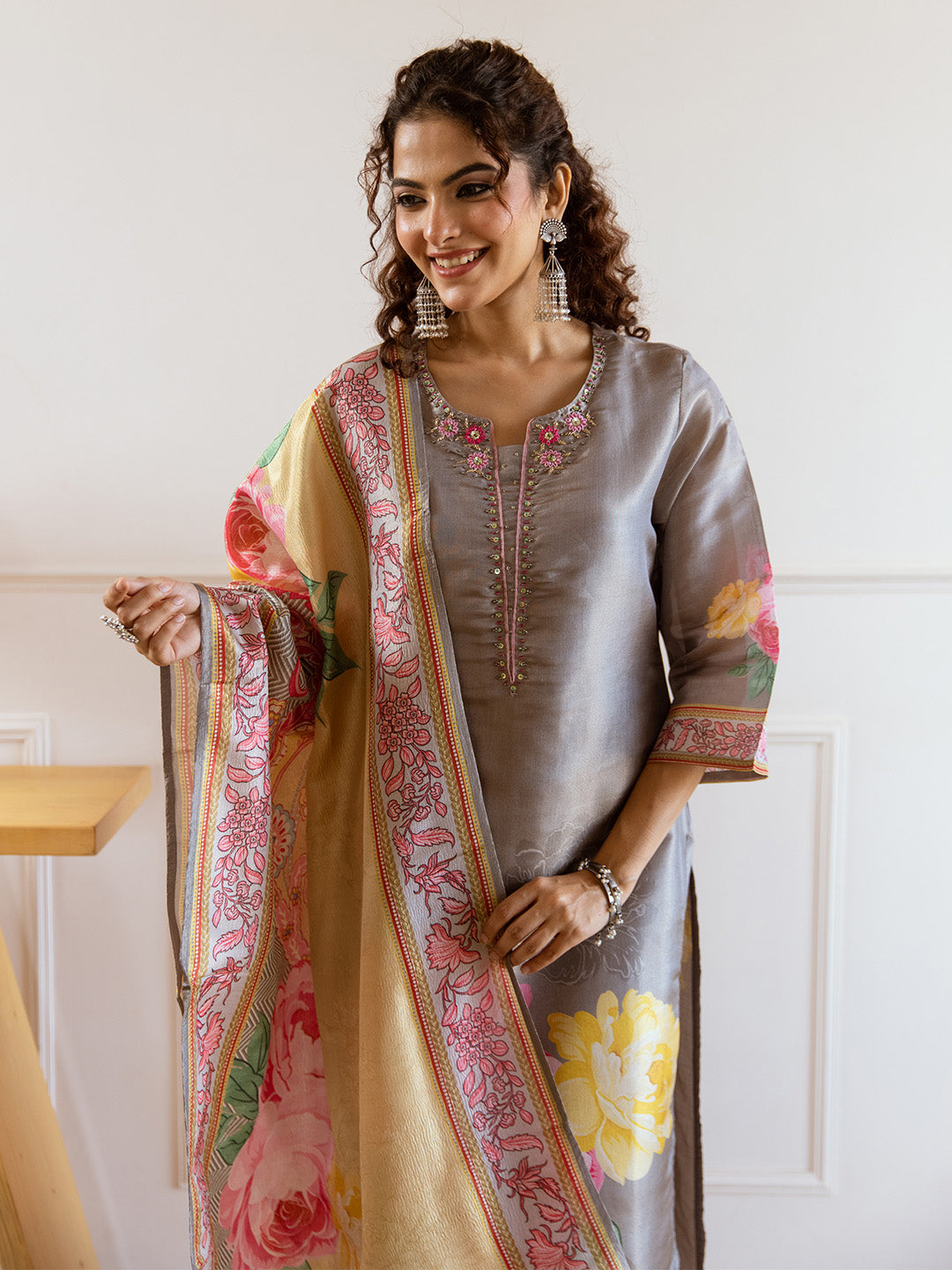 Soft Grey Tissue A-Line Kurta Set With Bold Printed Dupatta