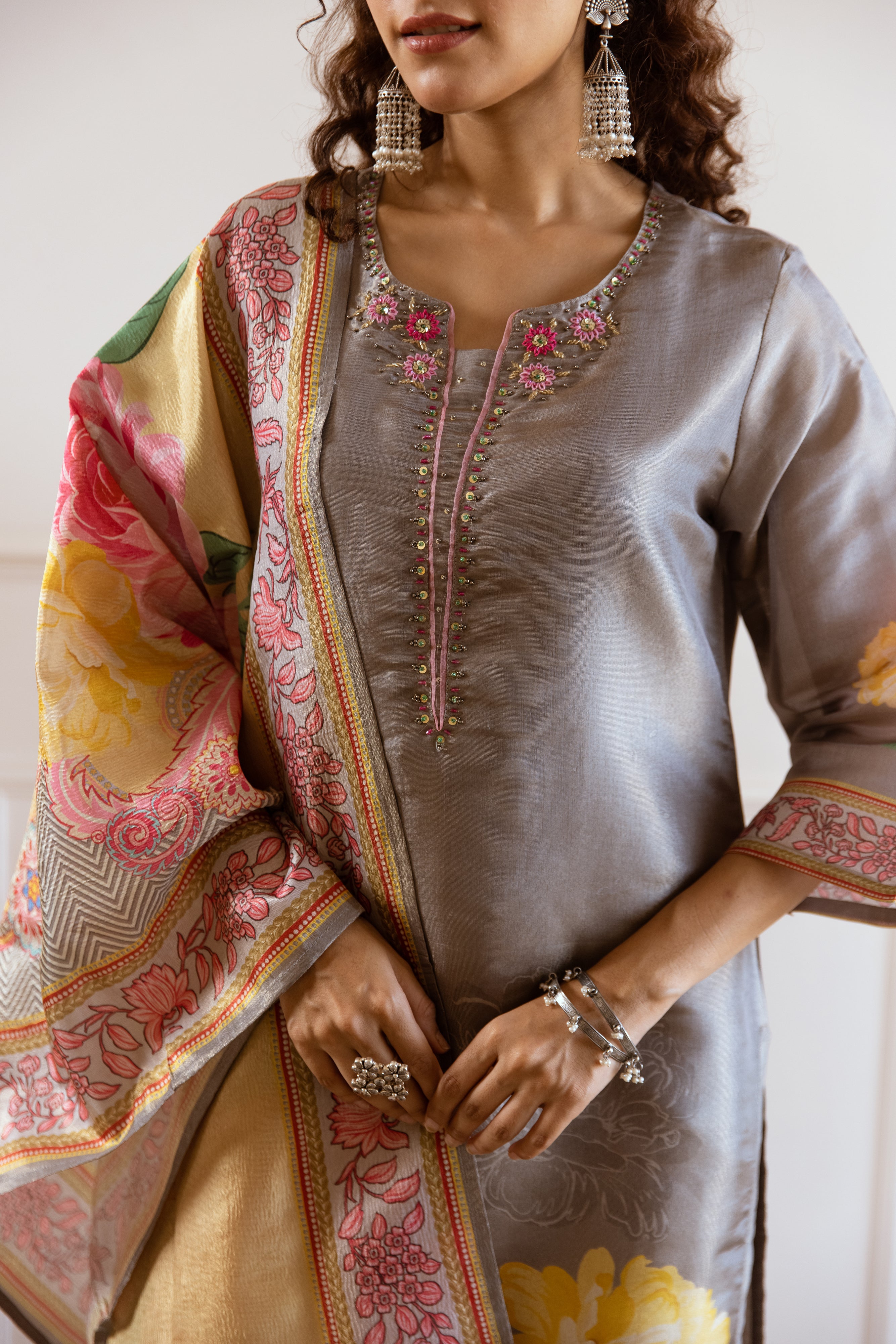 Soft Grey Tissue A-Line Kurta Set With Bold Printed Dupatta