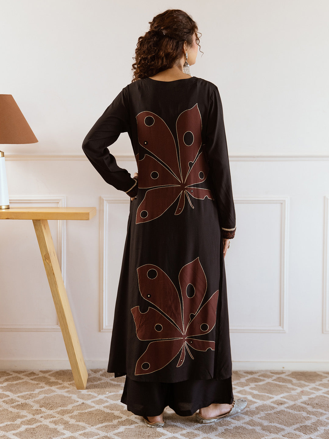 Comfy Black Rayon Bold Printed A-Line Kurta Set With Palazzo Bottom