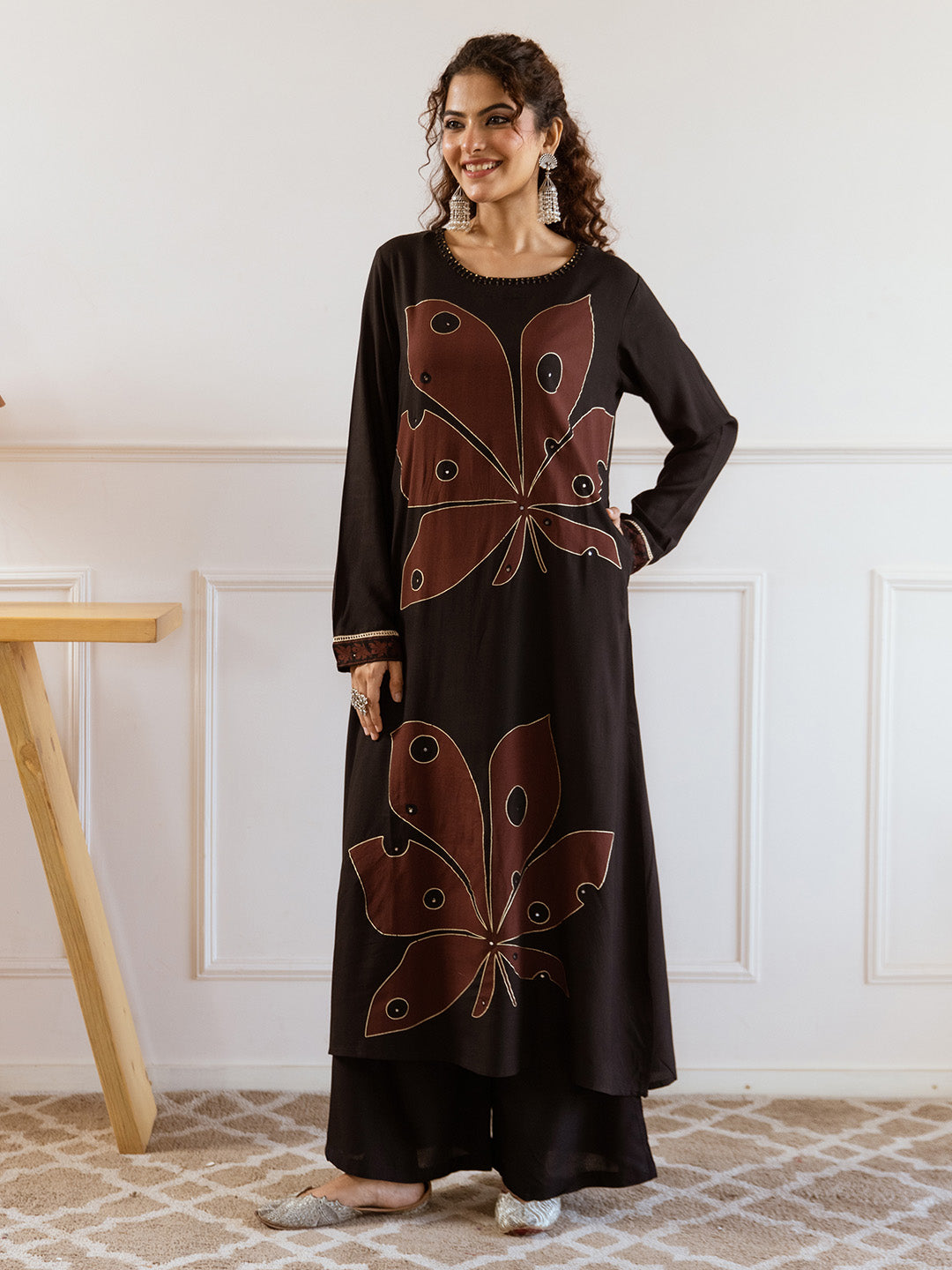 Comfy Black Rayon Bold Printed A-Line Kurta Set With Palazzo Bottom