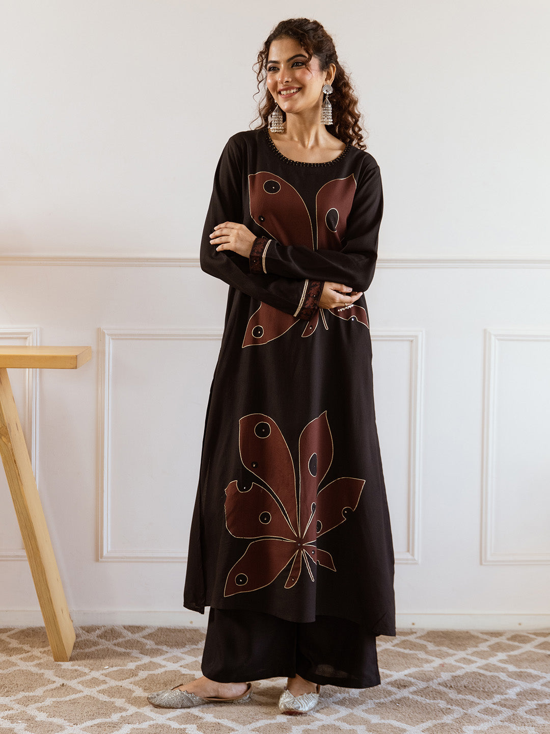 Comfy Black Rayon Bold Printed A-Line Kurta Set With Palazzo Bottom