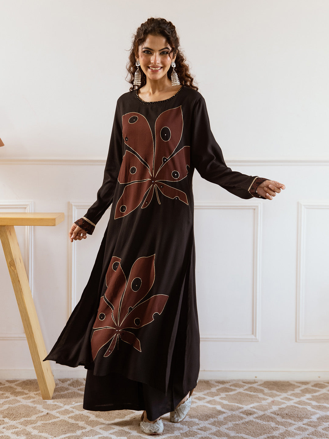 Comfy Black Rayon Bold Printed A-Line Kurta Set With Palazzo Bottom