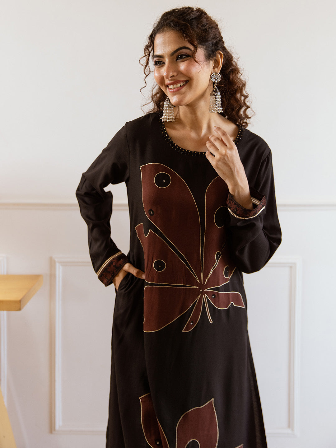 Comfy Black Rayon Bold Printed A-Line Kurta Set With Palazzo Bottom