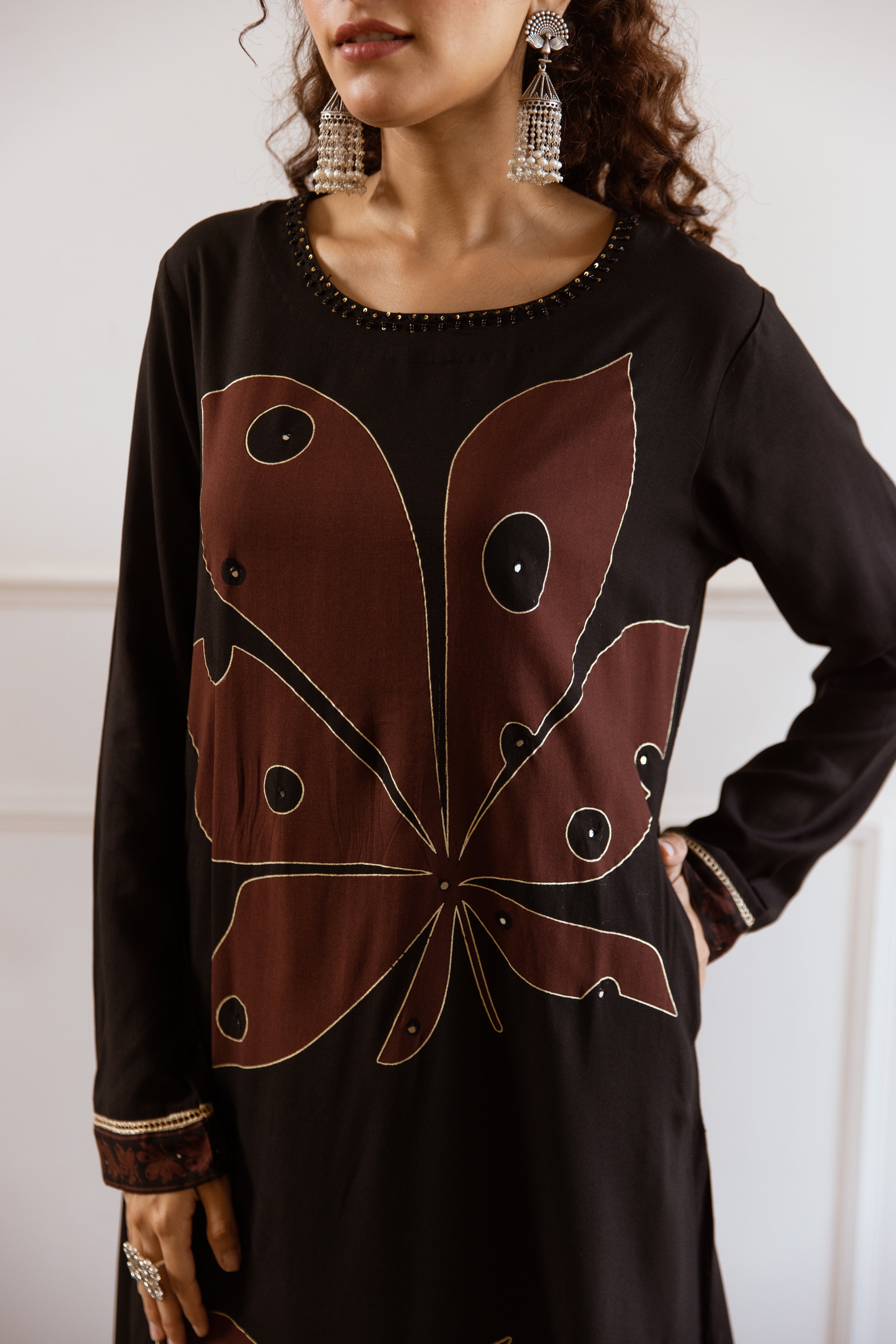 Comfy Black Rayon Bold Printed A-Line Kurta Set With Palazzo Bottom