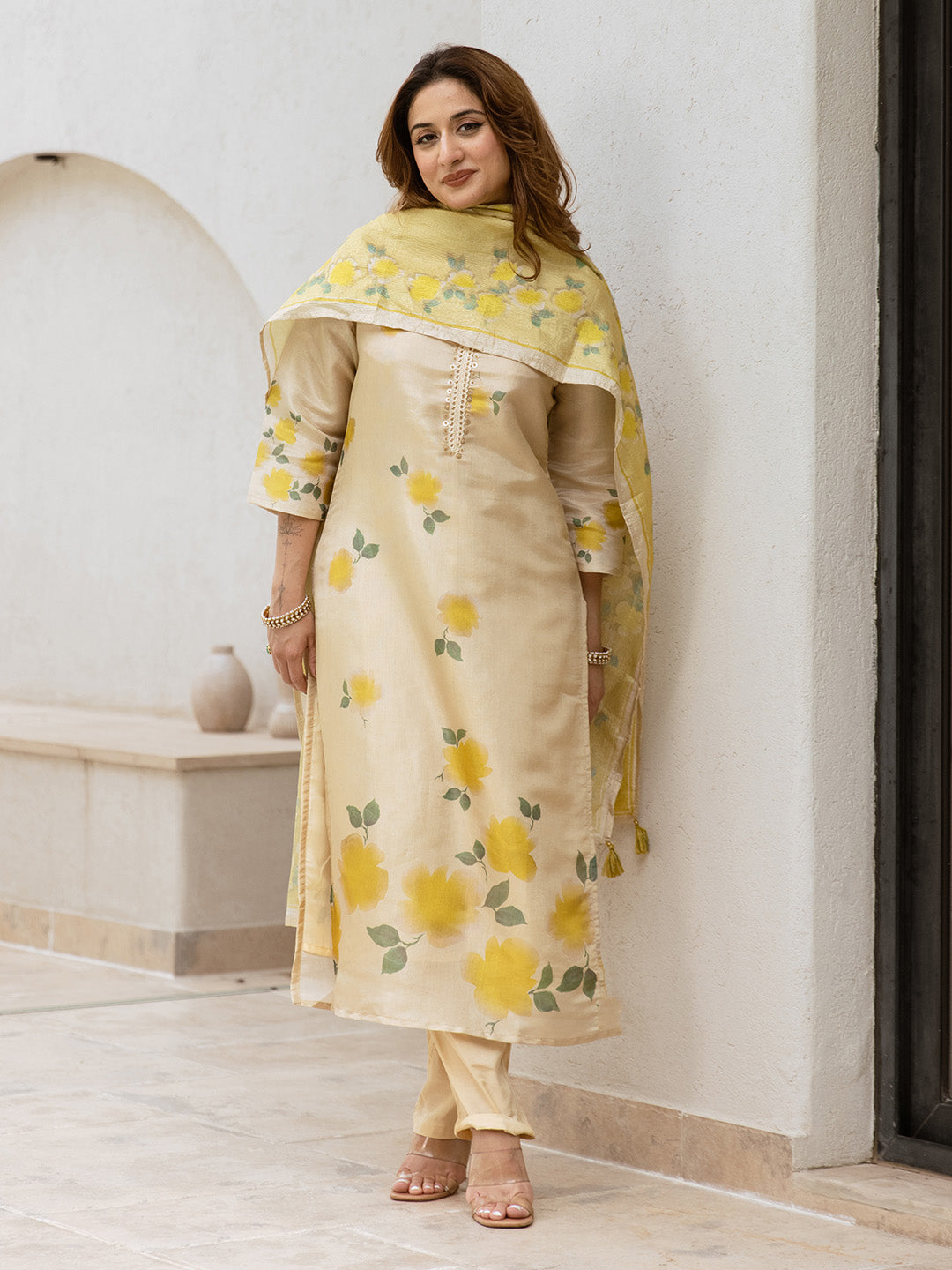 Ishin Women Mustard Tissue 3Pcs Kurta Set