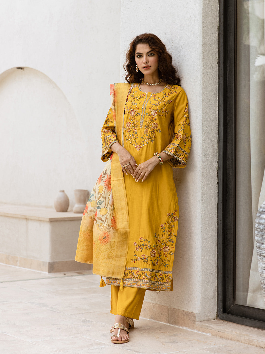 Soft Mustard Modal Floral Embroidered A-Line Kurta Set With Flowy Printed Dupatta