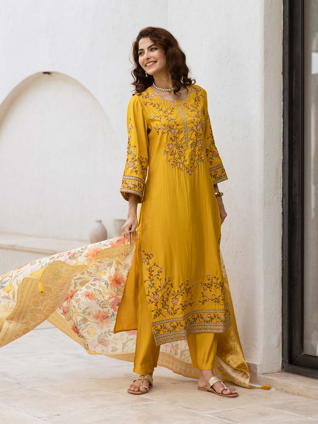 Soft Mustard Modal Floral Embroidered A-Line Kurta Set With Flowy Printed Dupatta