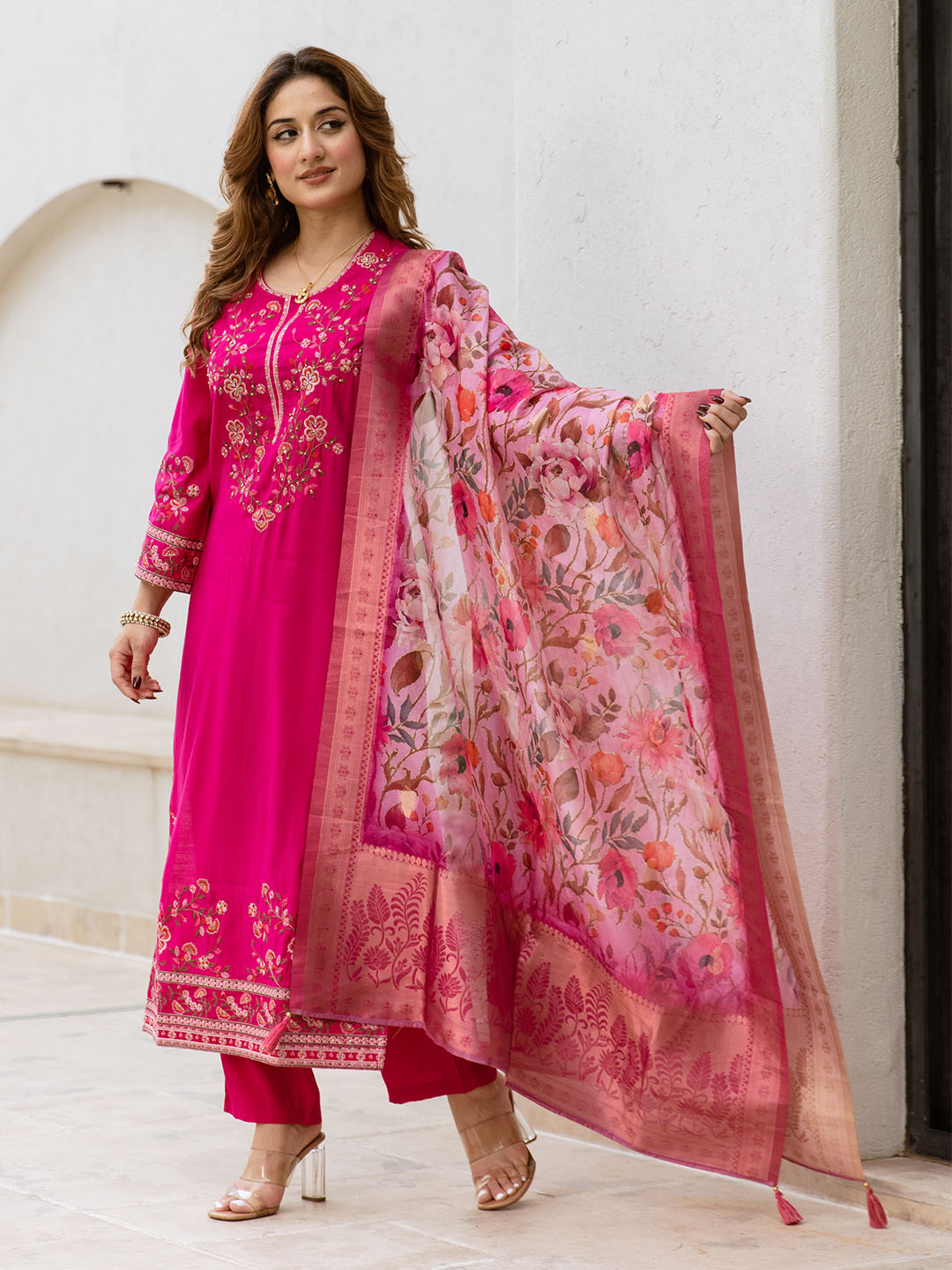 Soft Pink Modal Muslin Embroidered A-Line Kurta Set With Flowy Floral Dupatta