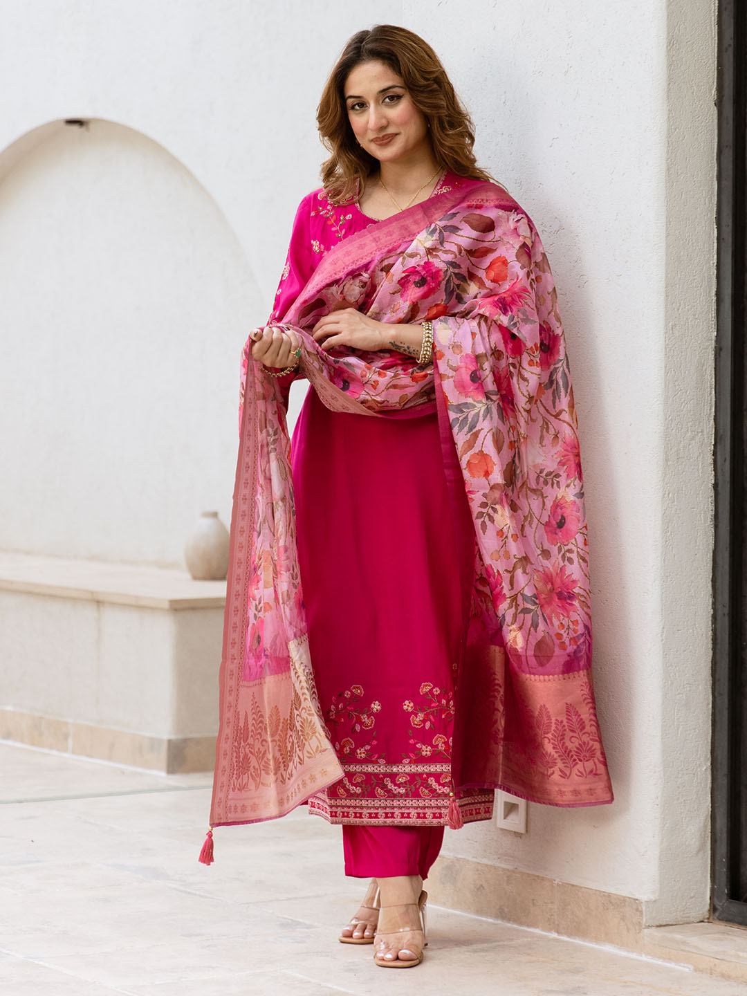 Soft Pink Modal Muslin Embroidered A-Line Kurta Set With Flowy Floral Dupatta