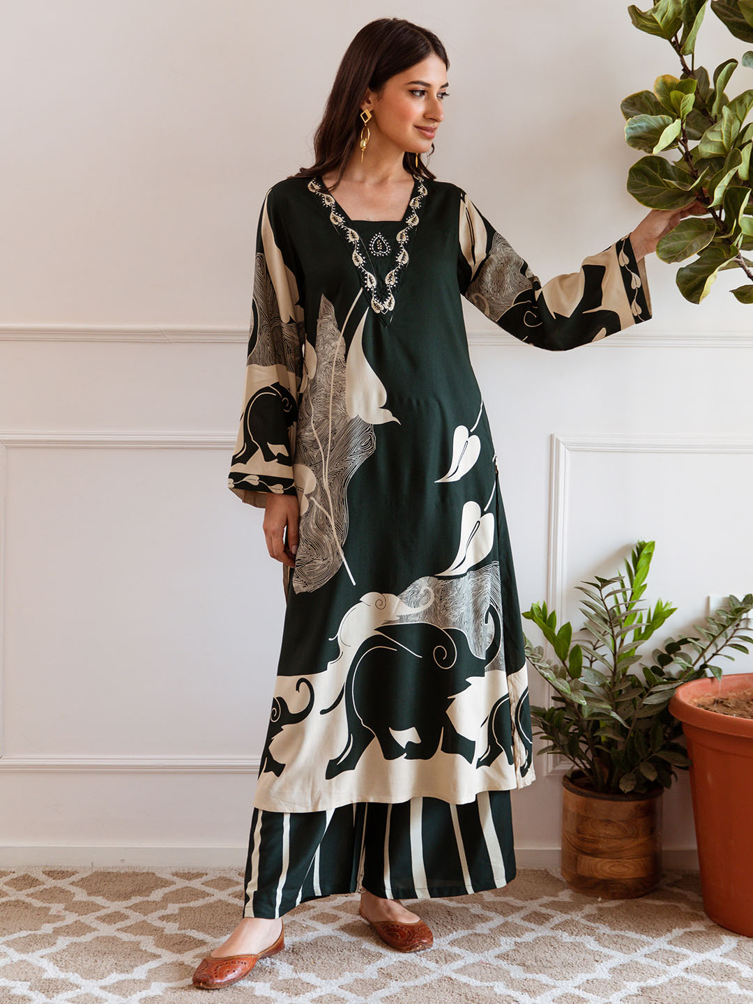 Comfy Green Rayon Bold Printed A-Line Kurta Set With Palazzo Bottom