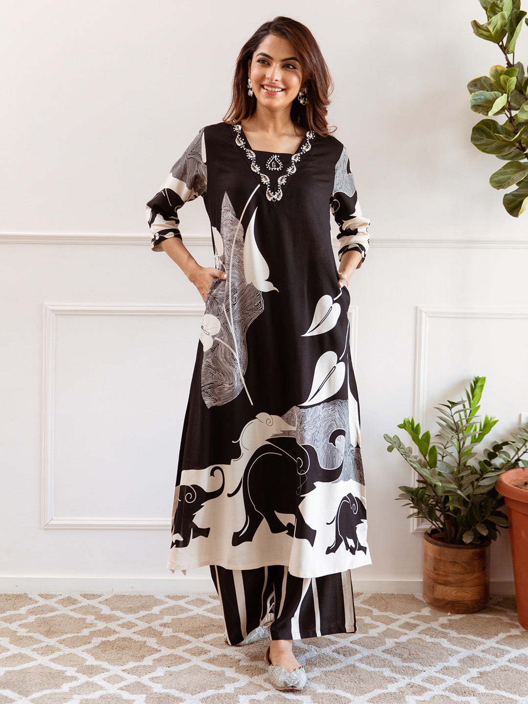 Comfy Black  Rayon Bold Printed A-Line Kurta Set With Palazzo Bottom