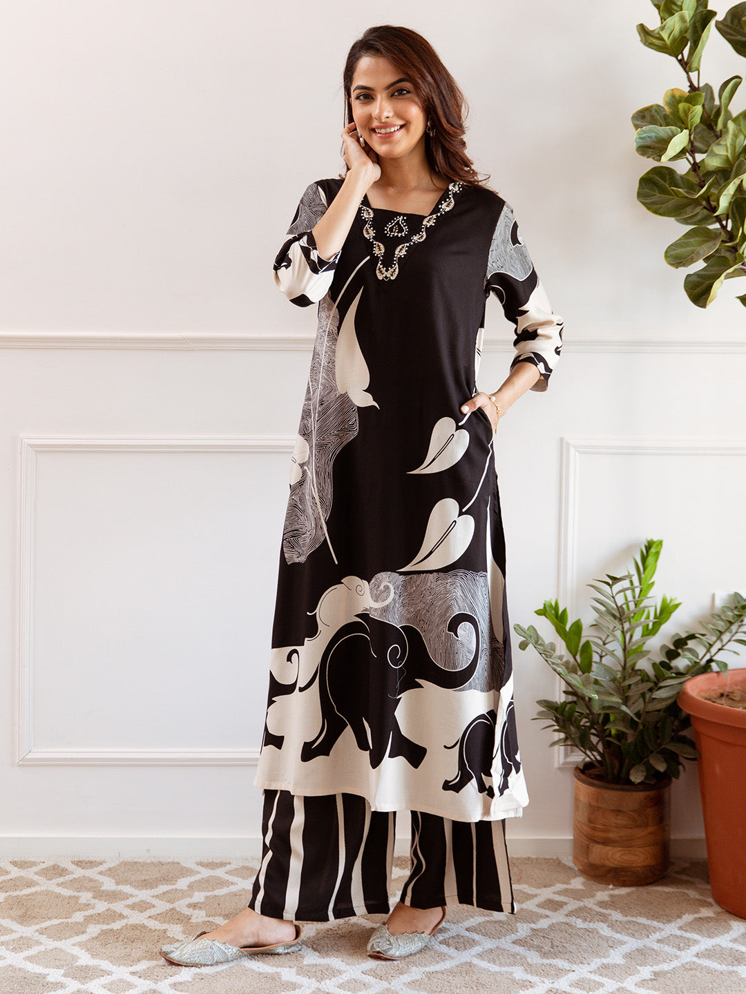 Comfy Black  Rayon Bold Printed A-Line Kurta Set With Palazzo Bottom