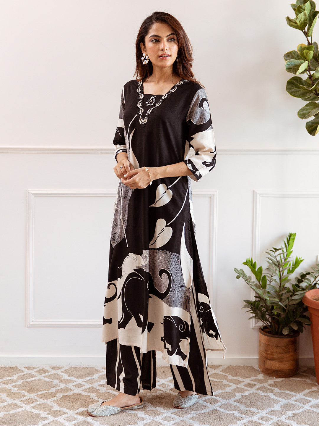 Comfy Black  Rayon Bold Printed A-Line Kurta Set With Palazzo Bottom