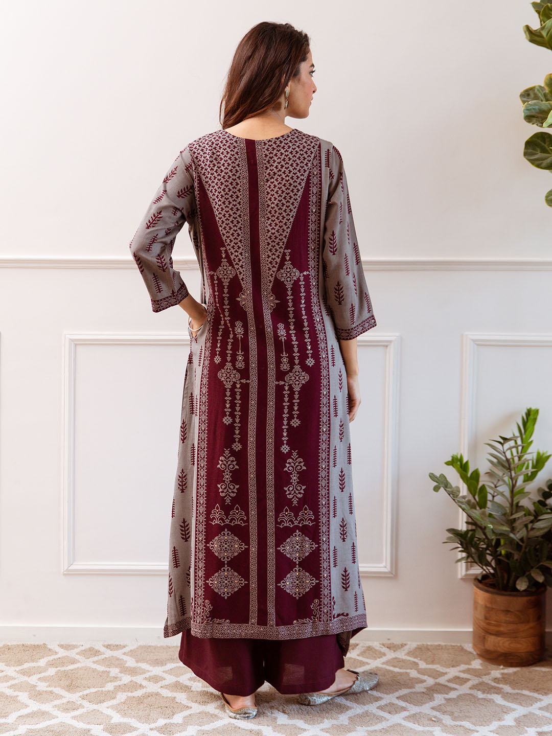 Comfy Maroon Rayon Bold Printed A-Line Kurta Set With Palazzo Bottom