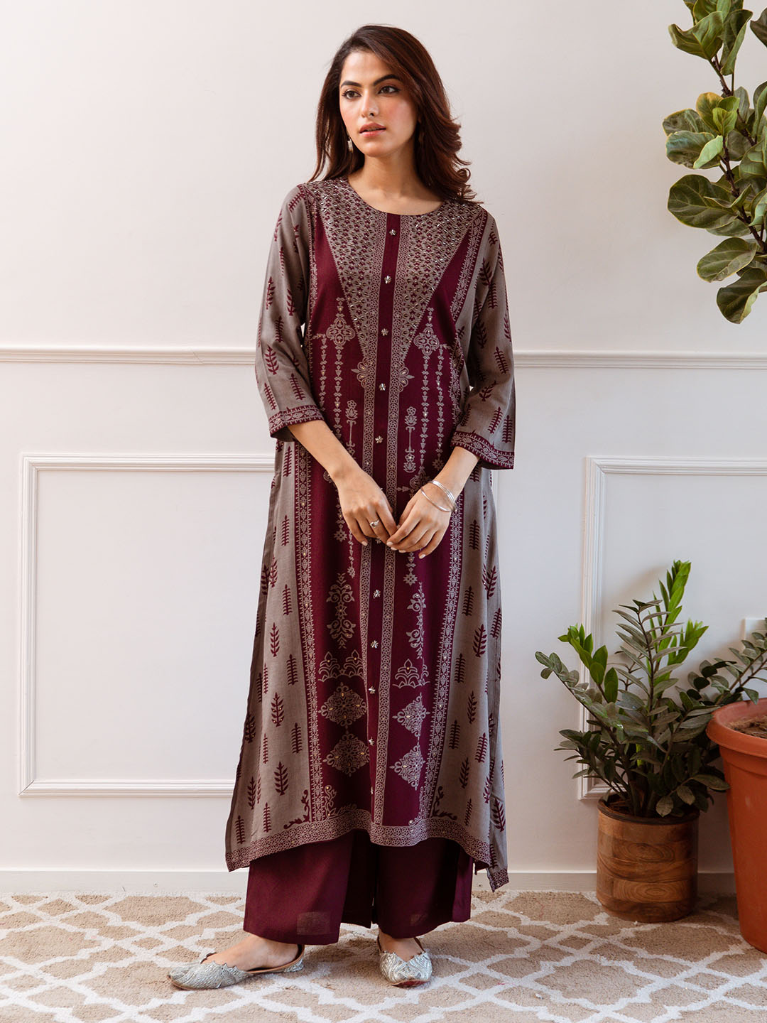 Comfy Maroon Rayon Bold Printed A-Line Kurta Set With Palazzo Bottom