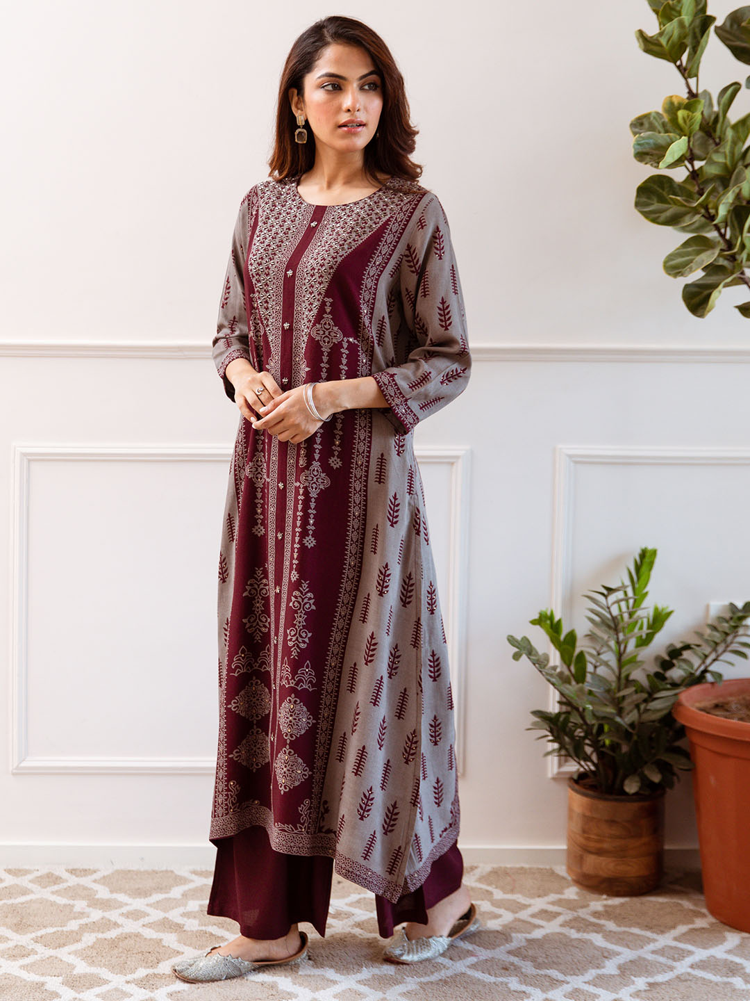 Comfy Maroon Rayon Bold Printed A-Line Kurta Set With Palazzo Bottom