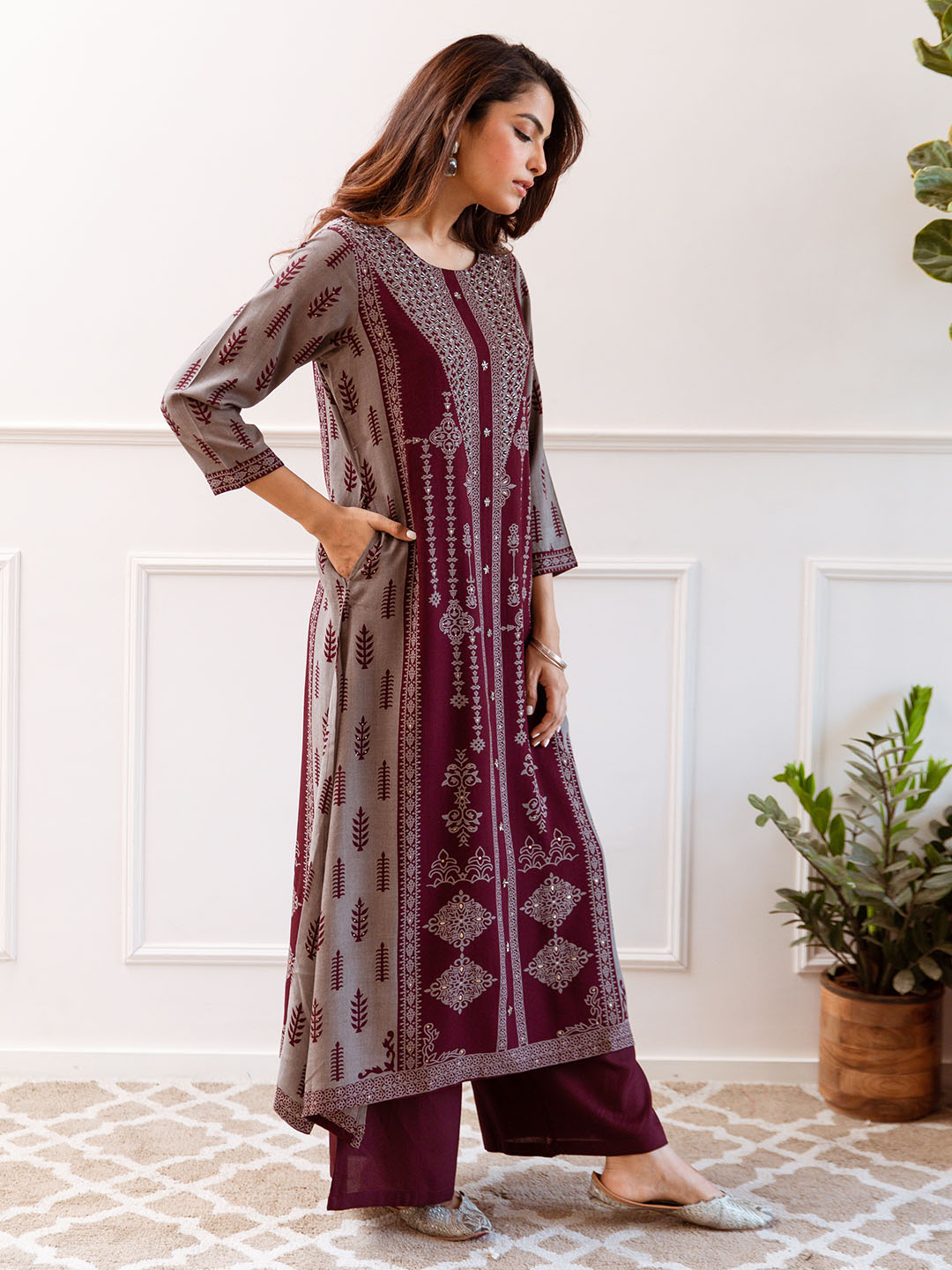 Comfy Maroon Rayon Bold Printed A-Line Kurta Set With Palazzo Bottom