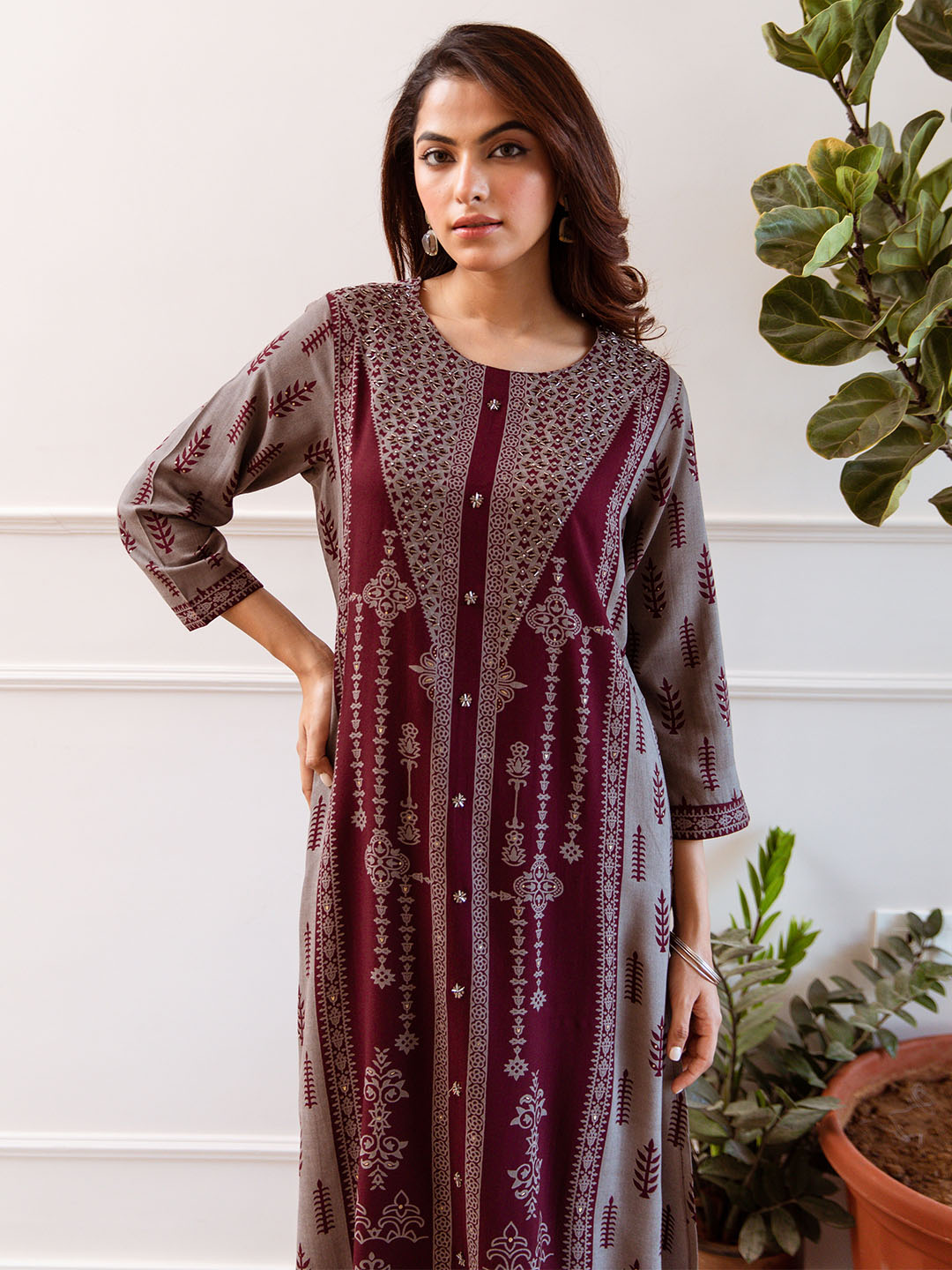 Comfy Maroon Rayon Bold Printed A-Line Kurta Set With Palazzo Bottom