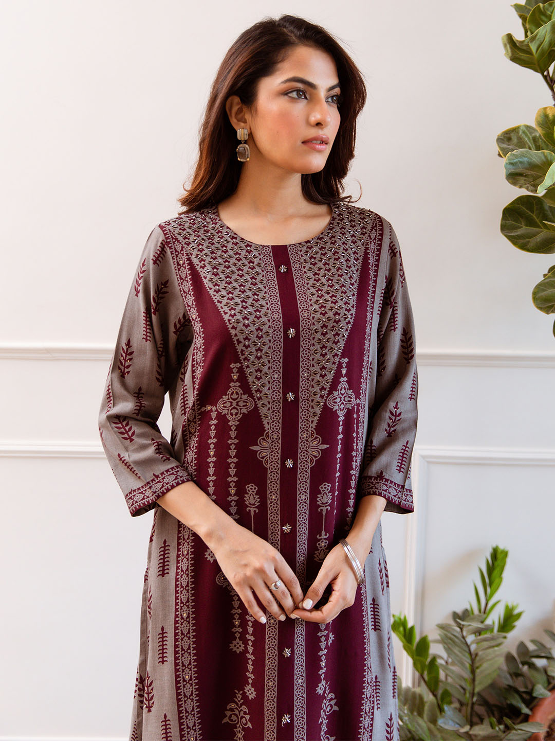 Comfy Maroon Rayon Bold Printed A-Line Kurta Set With Palazzo Bottom