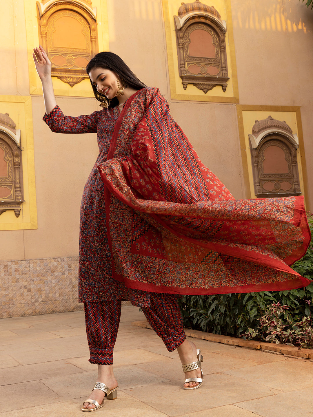 Comfy Red Cotton Floral Printed Kurta Set with Afghani Bottom and Soft Cotton Dupatta