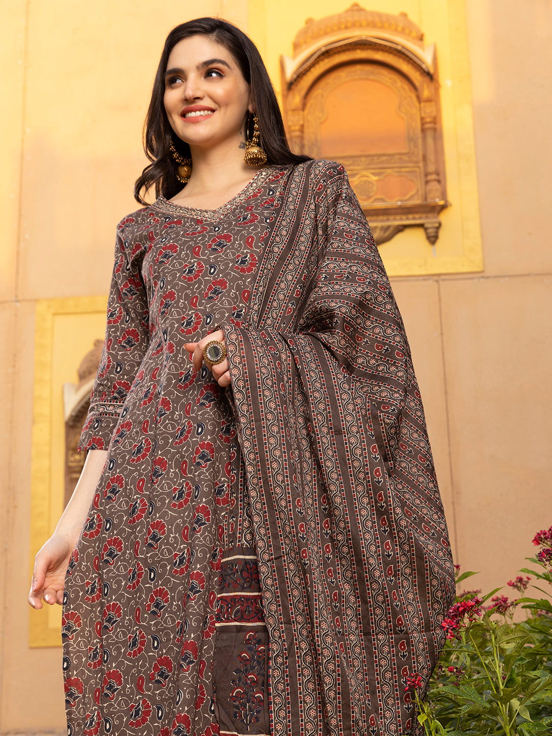 Kalamkari Printed Cotton Kurta with Trouser & Cotton Dupatta