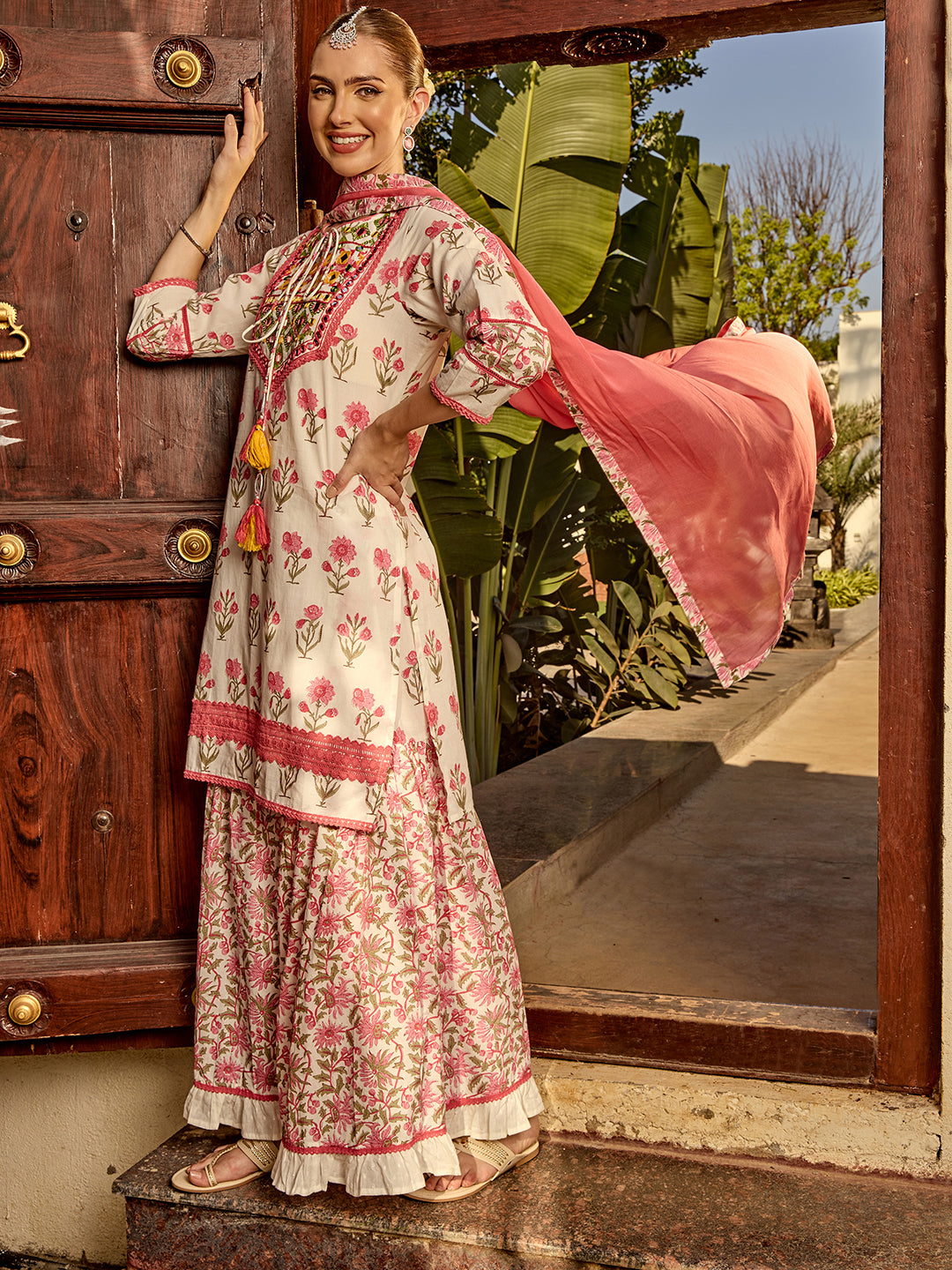 Floral Printed Mirror work Cotton Tie-Up Kurta Paired with Sharara and Dupatta