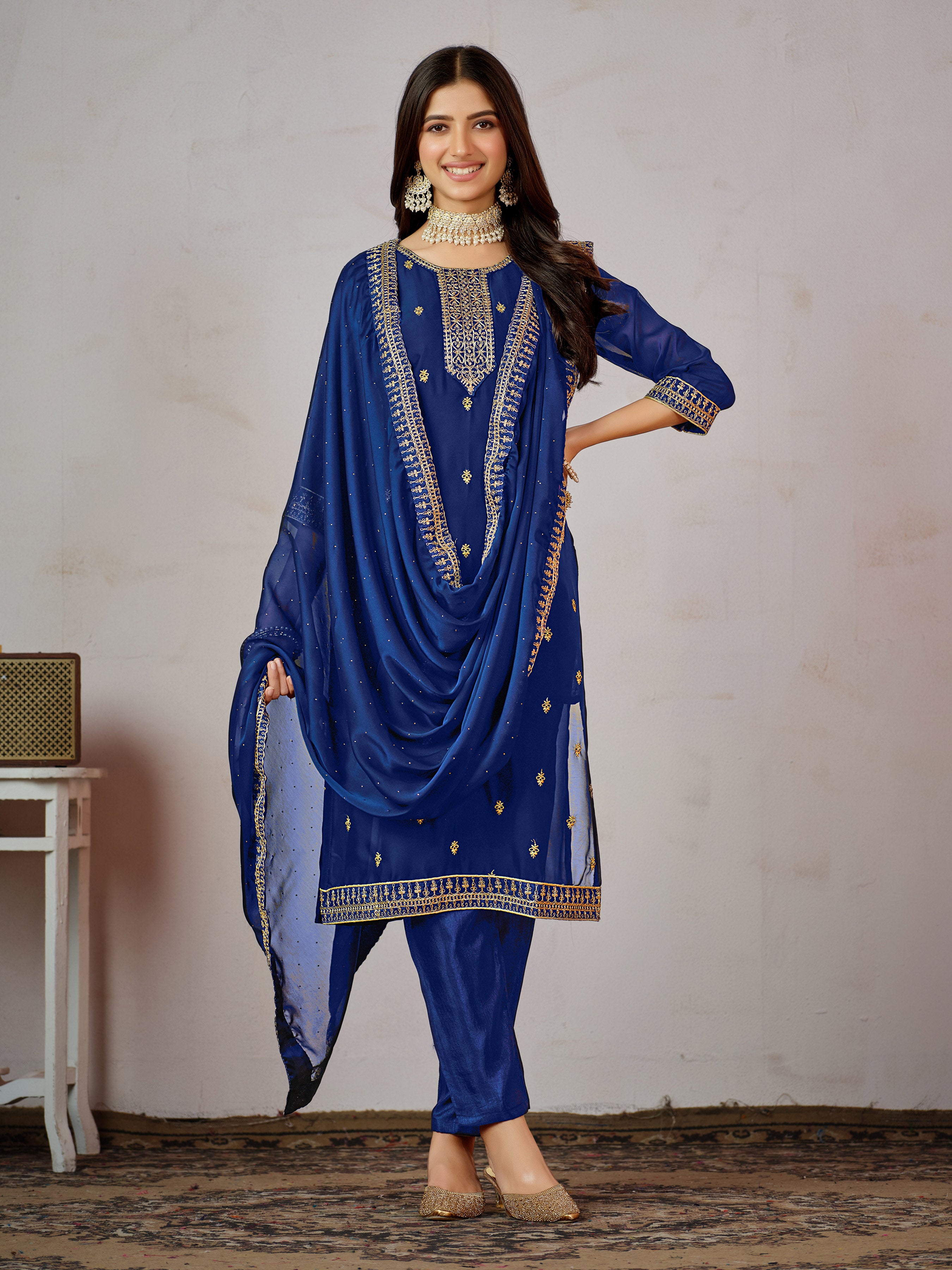 Yoke Ethnic Embroidered Straight Kurta with Trousers & Dupatta