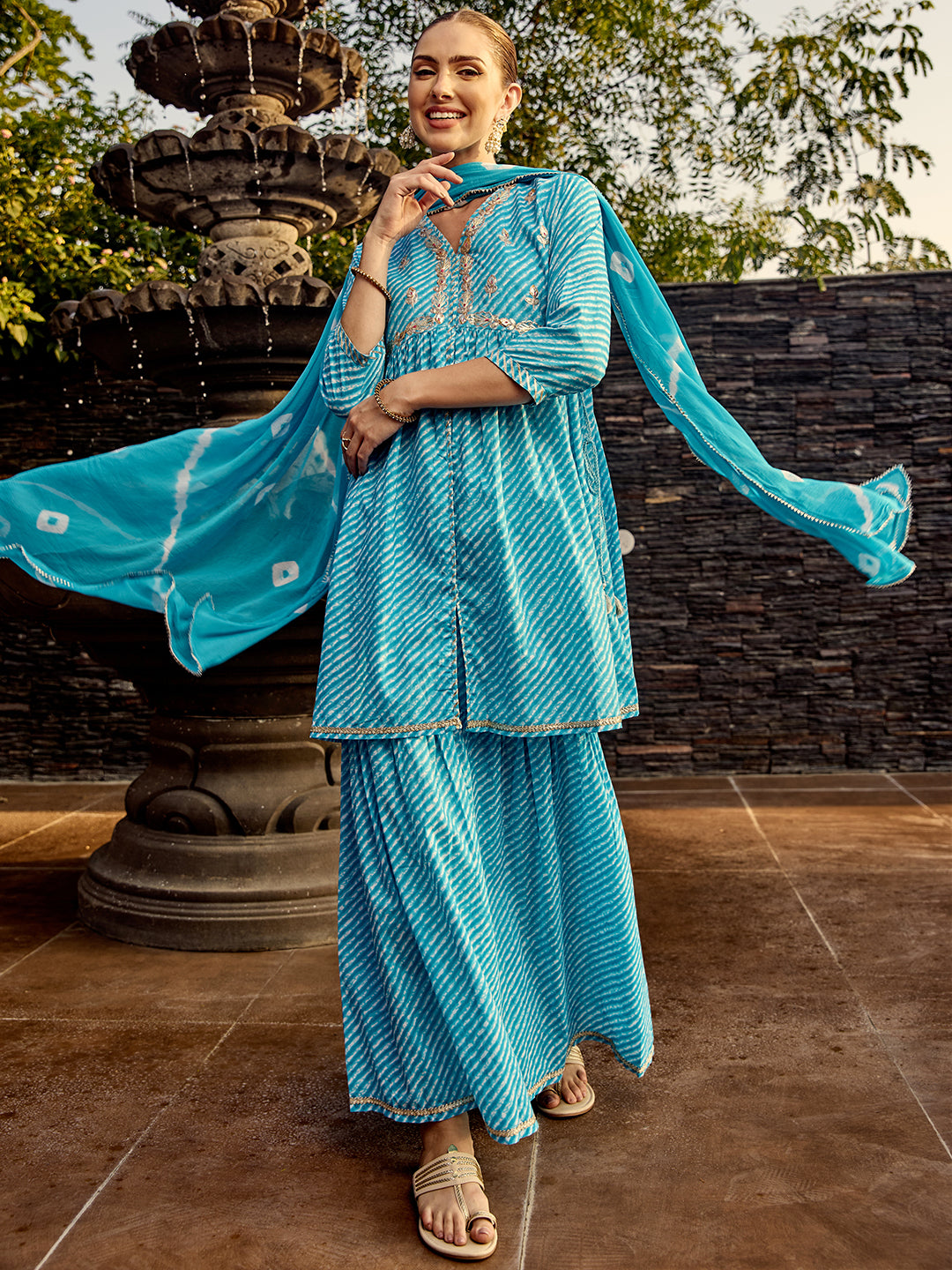 Leheriya A-line Side Tie-Up Cotton Kurta with Sharara and Tie and Dye Dupatta