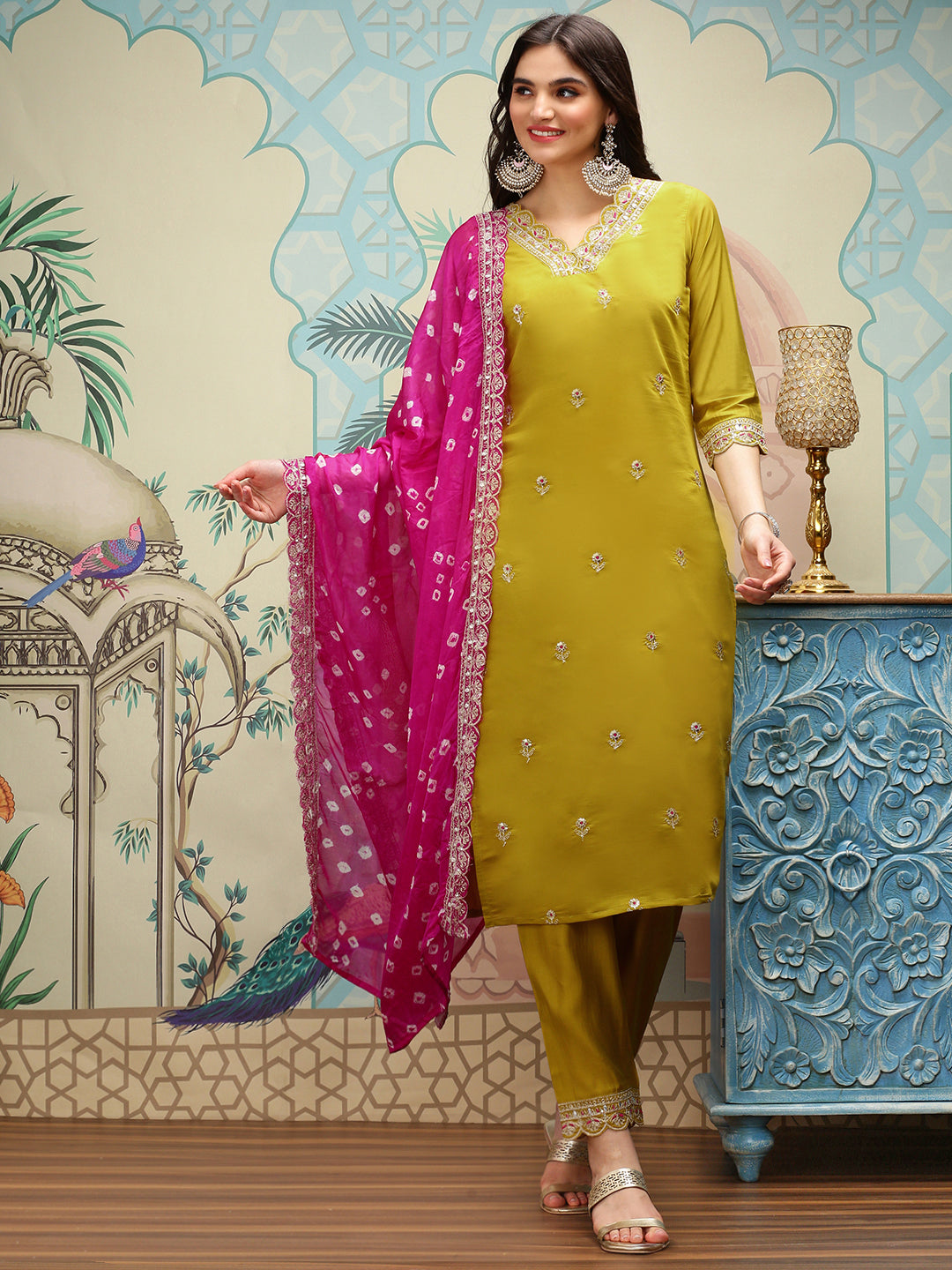 Yellow Floral Embroidered Thread Work Straight Kurta With Trousers & With Dupatta