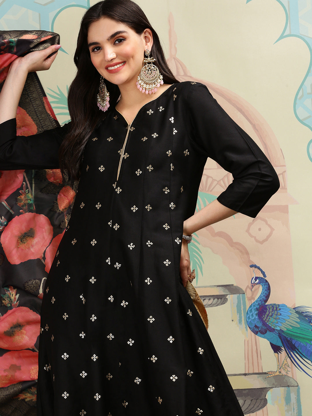 Silk Blend Zari Embroidered Black A-Line Kurta Set with Straight Bottom and Printed Brocade Dupatta