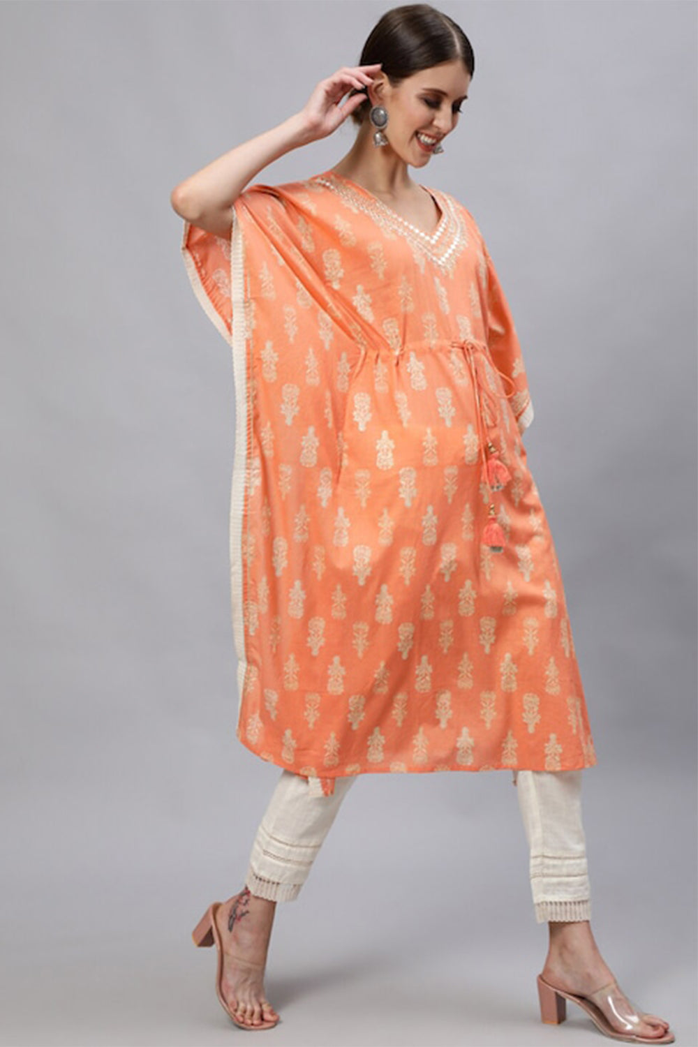 Ishin Women's Cotton Orange & White Kurta Set