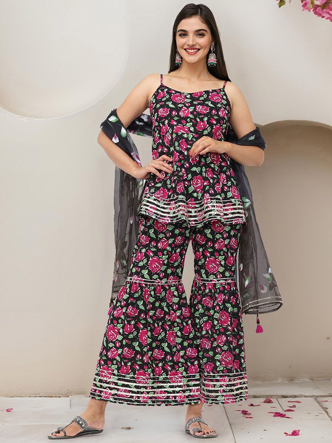 Soft Pure Cotton Black Floral Printed A-Line Kurti with Sharara Bottom and sheer Hand-Painted Organza Dupatta