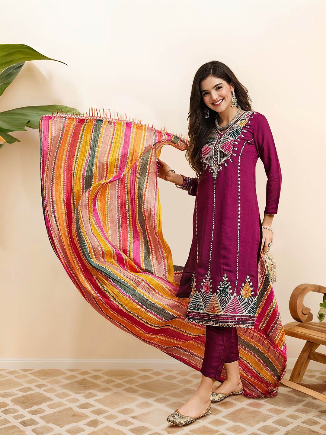 Rich Purple Pure Cotton Zari Embroidered Kurta Set with Straight Bottom and Cotton Printed Tassel Dupatta