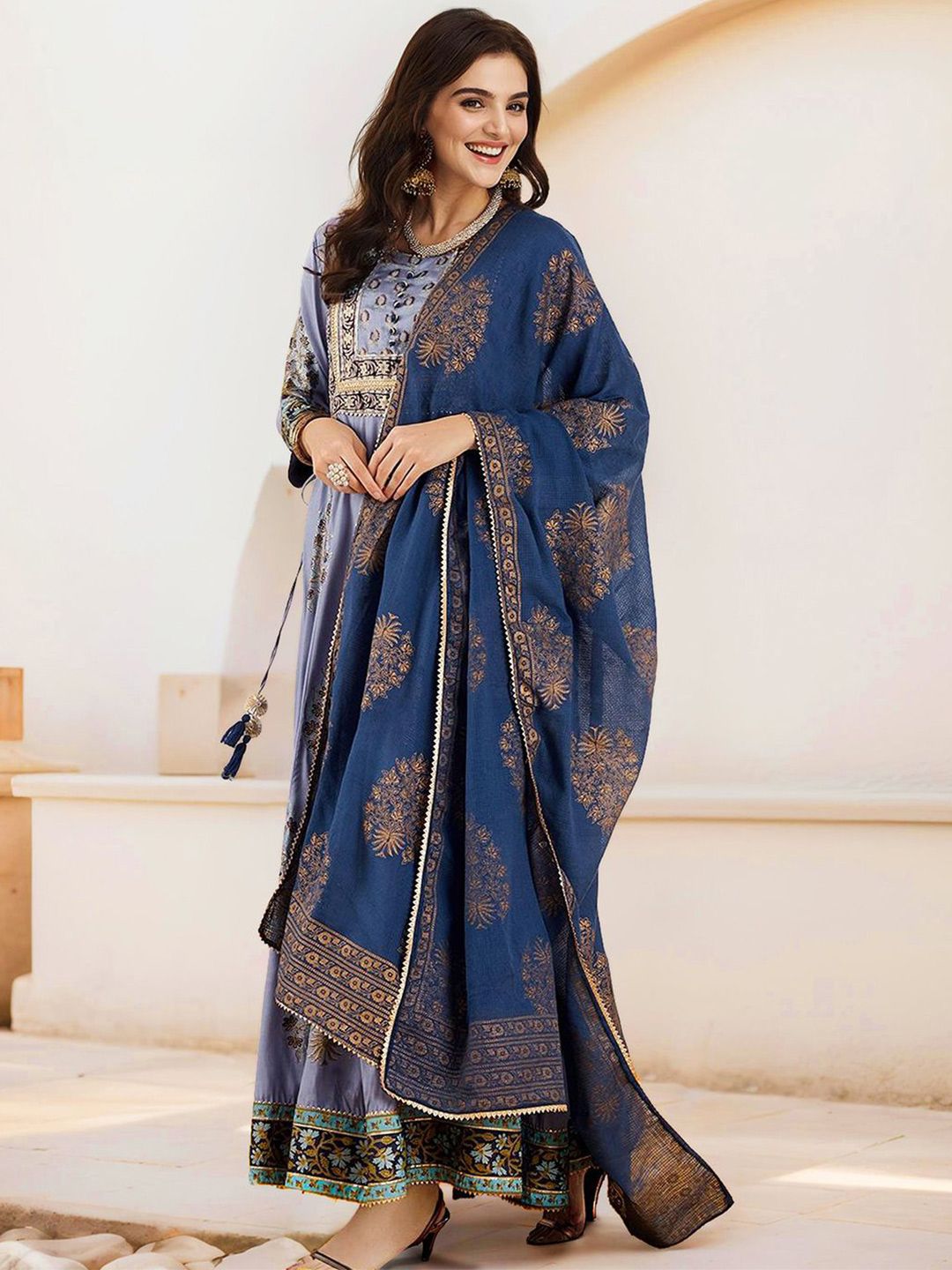 Rich Cotton Blue Ethnic Printed A-Line Dress with gold Foil Printed Dupatta