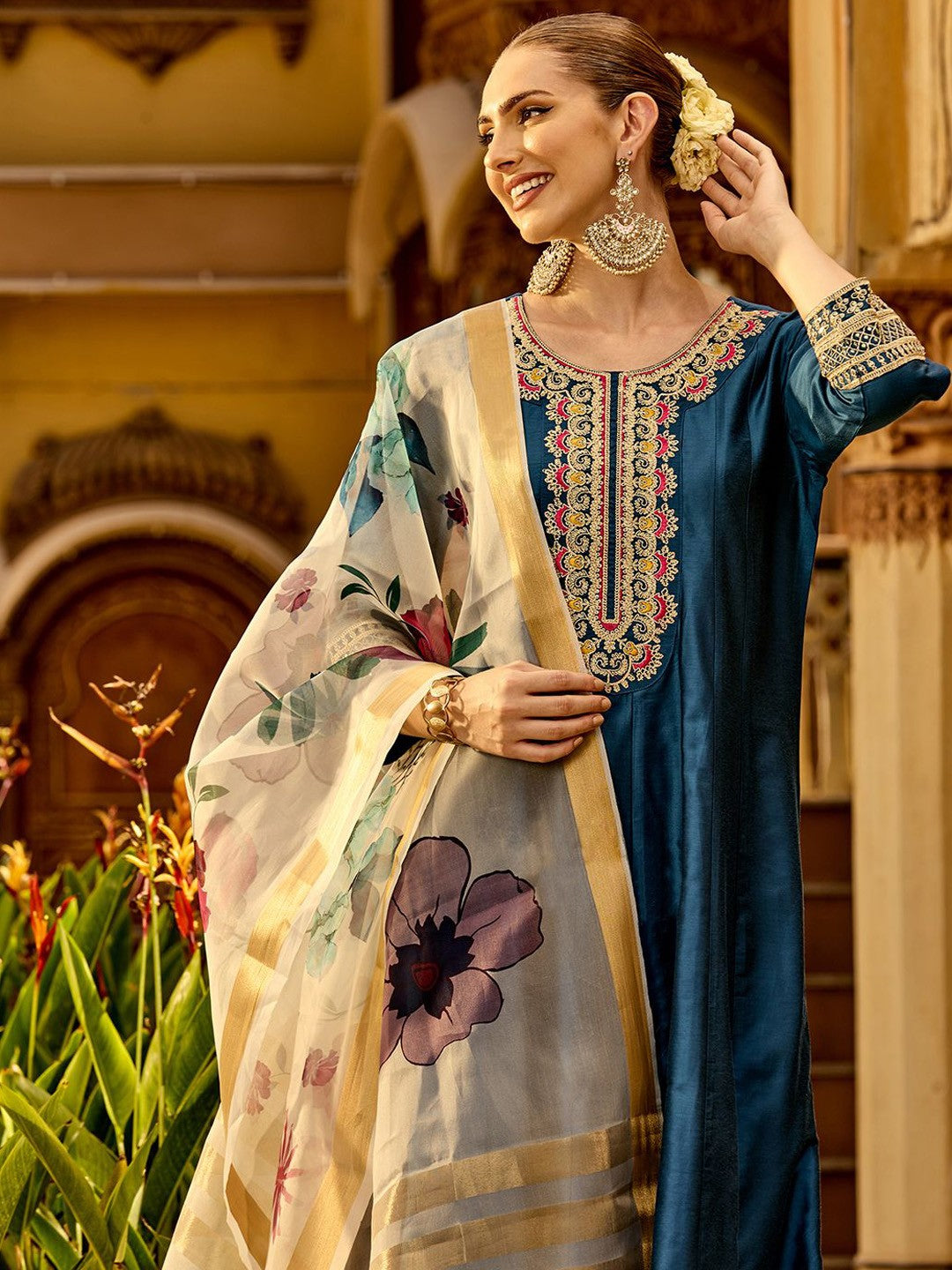 Floral Embroidered Thread Work Kurta with Trousers & Dupatta