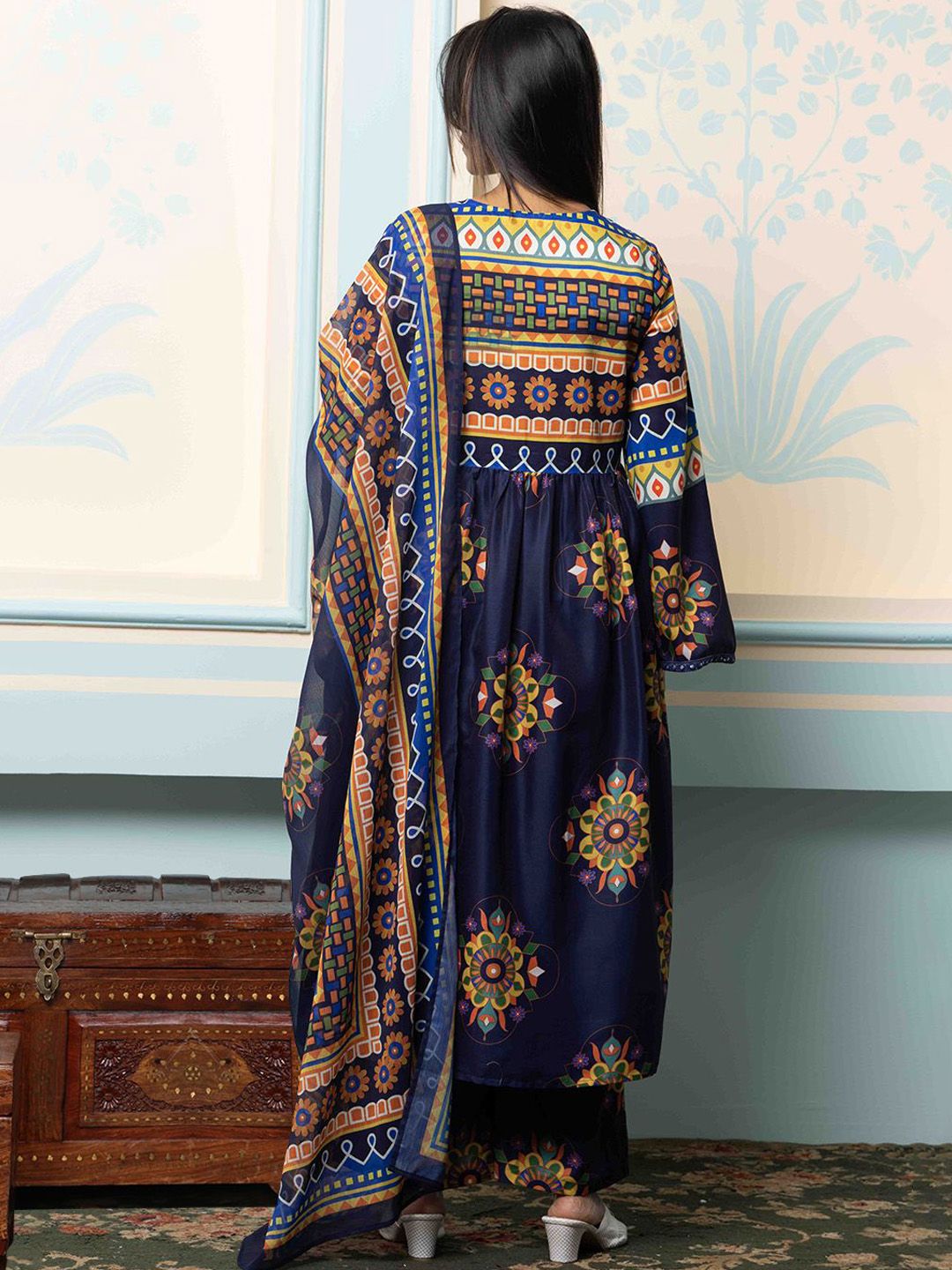 Soft Polyester Multi-Colored Floral Printed A-Line Kurta Set with Straight Bottom and Sheer Dupatta